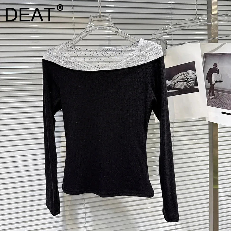 Winter New Elegant Fashion Shiny Rhinestone Mesh Off-Shoulder T-Shirt For Women Patchwork Tops Female Trend 11A07654