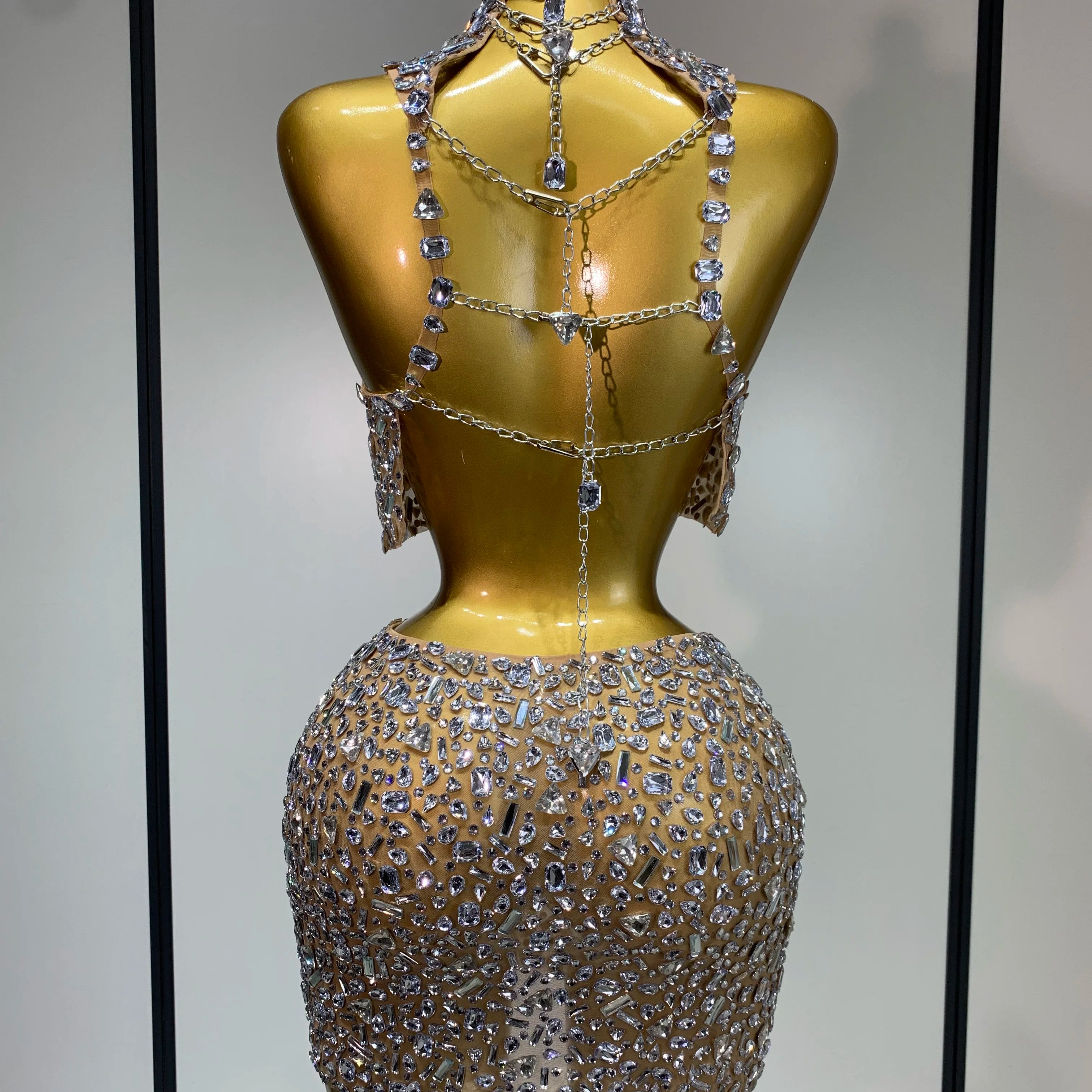 Sparkling Rhinestone Sexy See Through Blackless Top Skirt Two Pieces Set Woman Luxury Birthday Evening Party Gowns