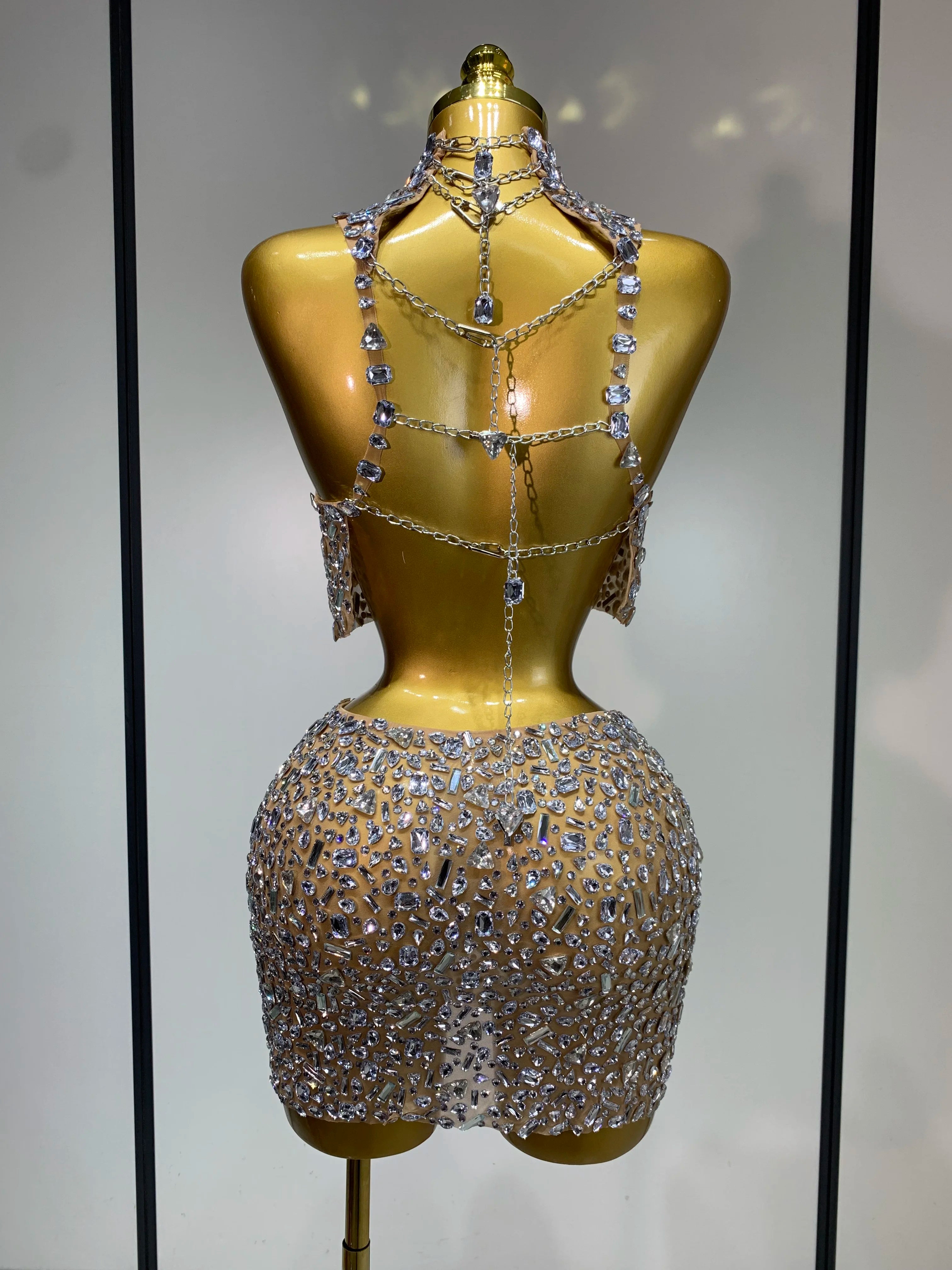 Sparkling Rhinestone Sexy See Through Blackless Top Skirt Two Pieces Set Woman Luxury Birthday Evening Party Gowns