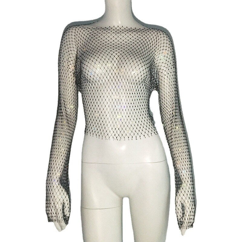 Sexy Mesh See Through T Shirt Shiny Rhinestone Fishnet Hollow Out Women Sexy Crop Top Long Sleeve Camis Cover Up Party Tank Tops Black