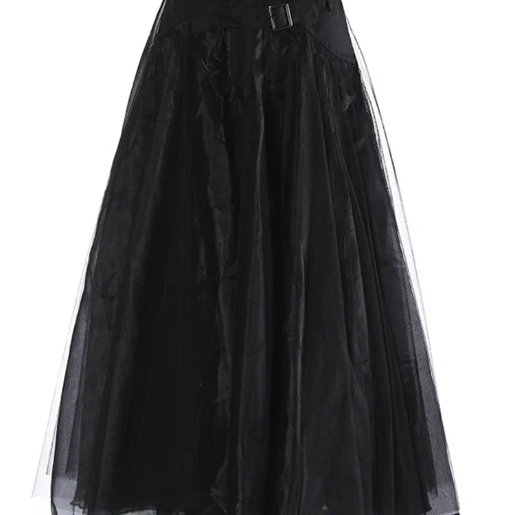 [EAM] High Waist Khaki Buckle Irregular Mesh Long A-line Half-body Skirt Women Fashion Tide New Spring Autumn 1DH0633 Black