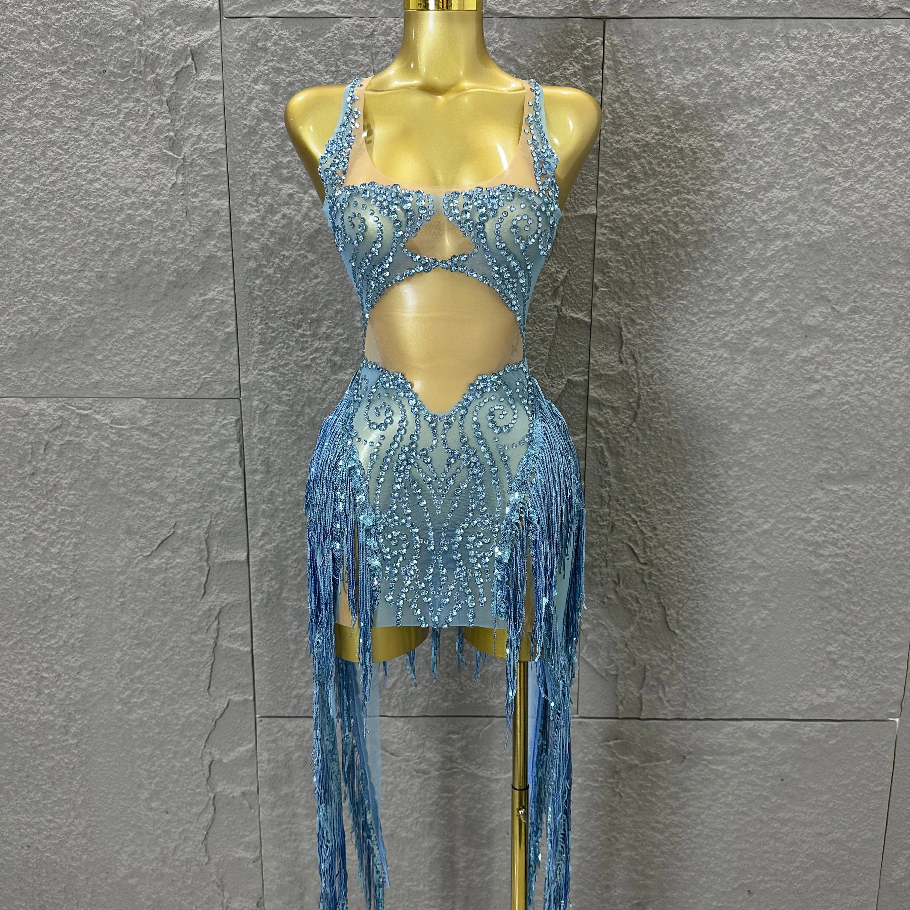 Refined Blue Spaghetti Strap Mini Dress Women Sheer Mesh Rhinestone Fringe Embellished Latin Dance Performance Costume Blue
