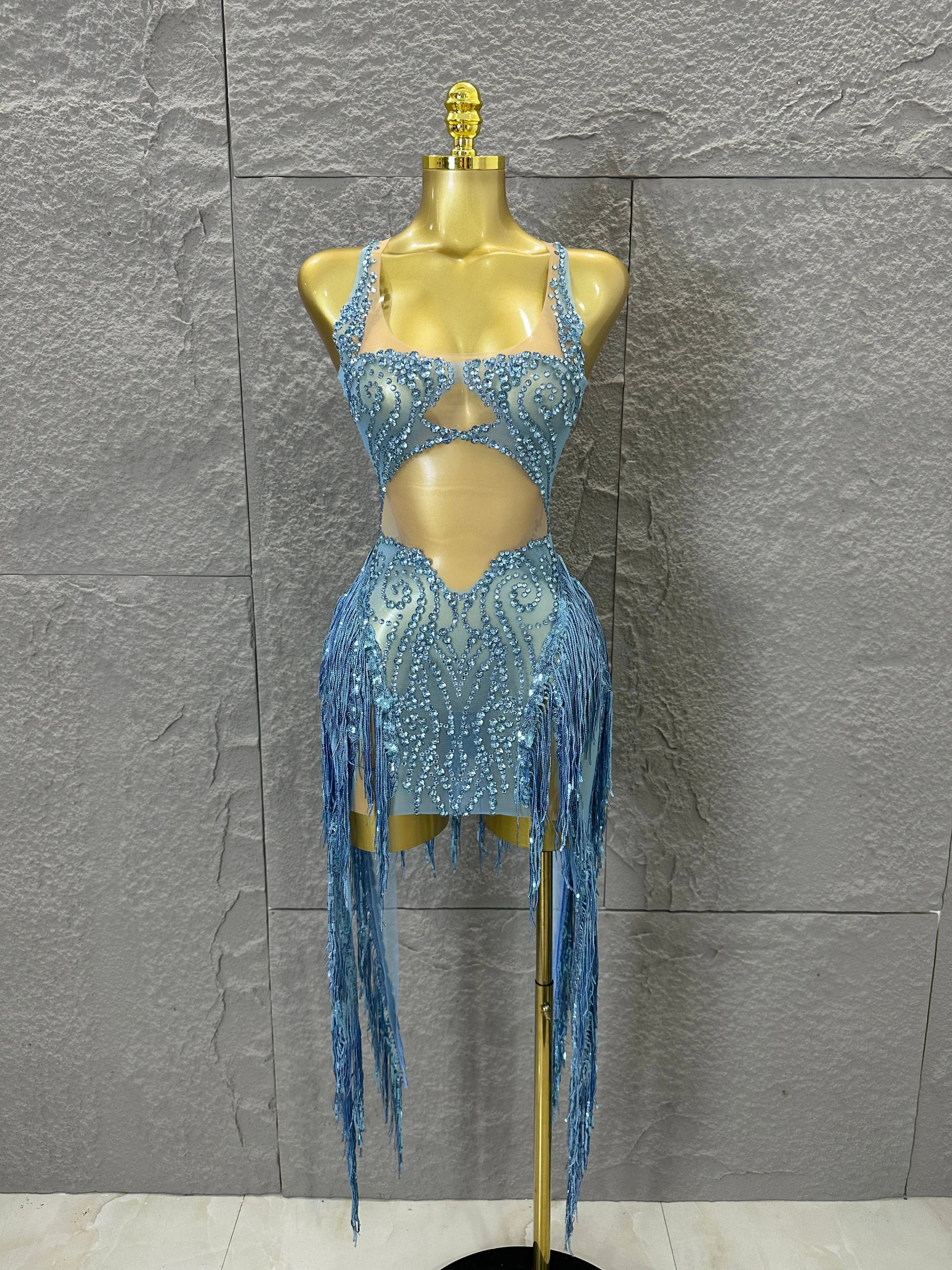 Refined Blue Spaghetti Strap Mini Dress Women Sheer Mesh Rhinestone Fringe Embellished Latin Dance Performance Costume Blue