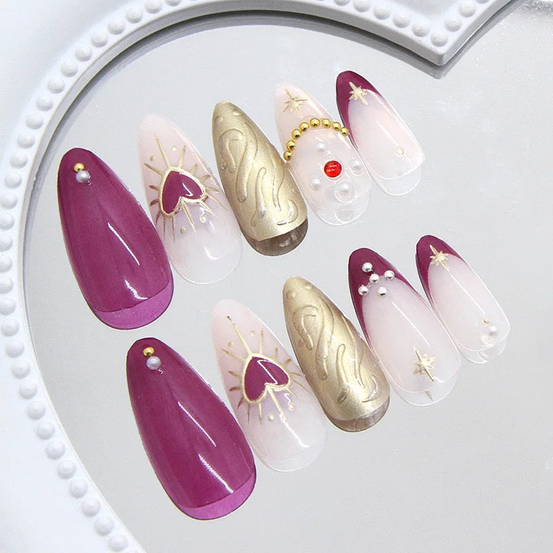 24pcs Sweet Cool False Nails Purple Love Almond Fake Nails Tips for Women Wearable Detachable Spice Girl French Press on Nails