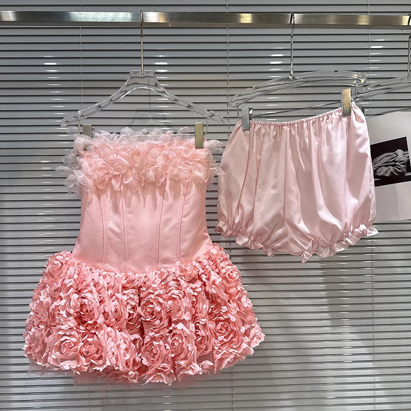 Winter New Sweet Temperament Chiffon Three-Dimensional Flower Fishbone Dresses For Women With Shorts Dress 11A07753