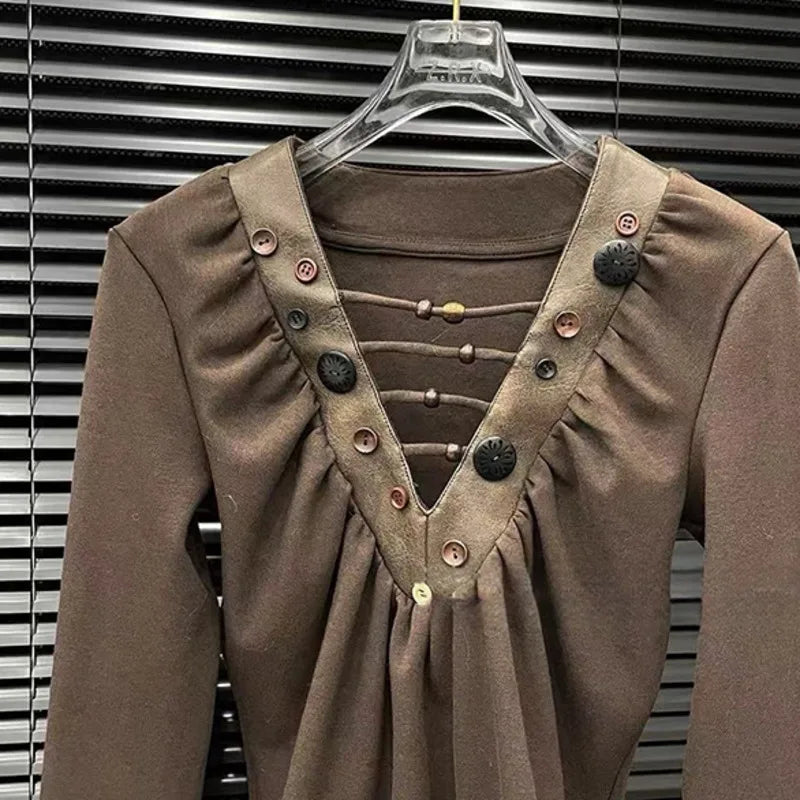 Autumn Winter New Handmade Button Decorated T-Shirt For Women Casual Fashion Versatile Base Layer V-Neck Top 11A07904