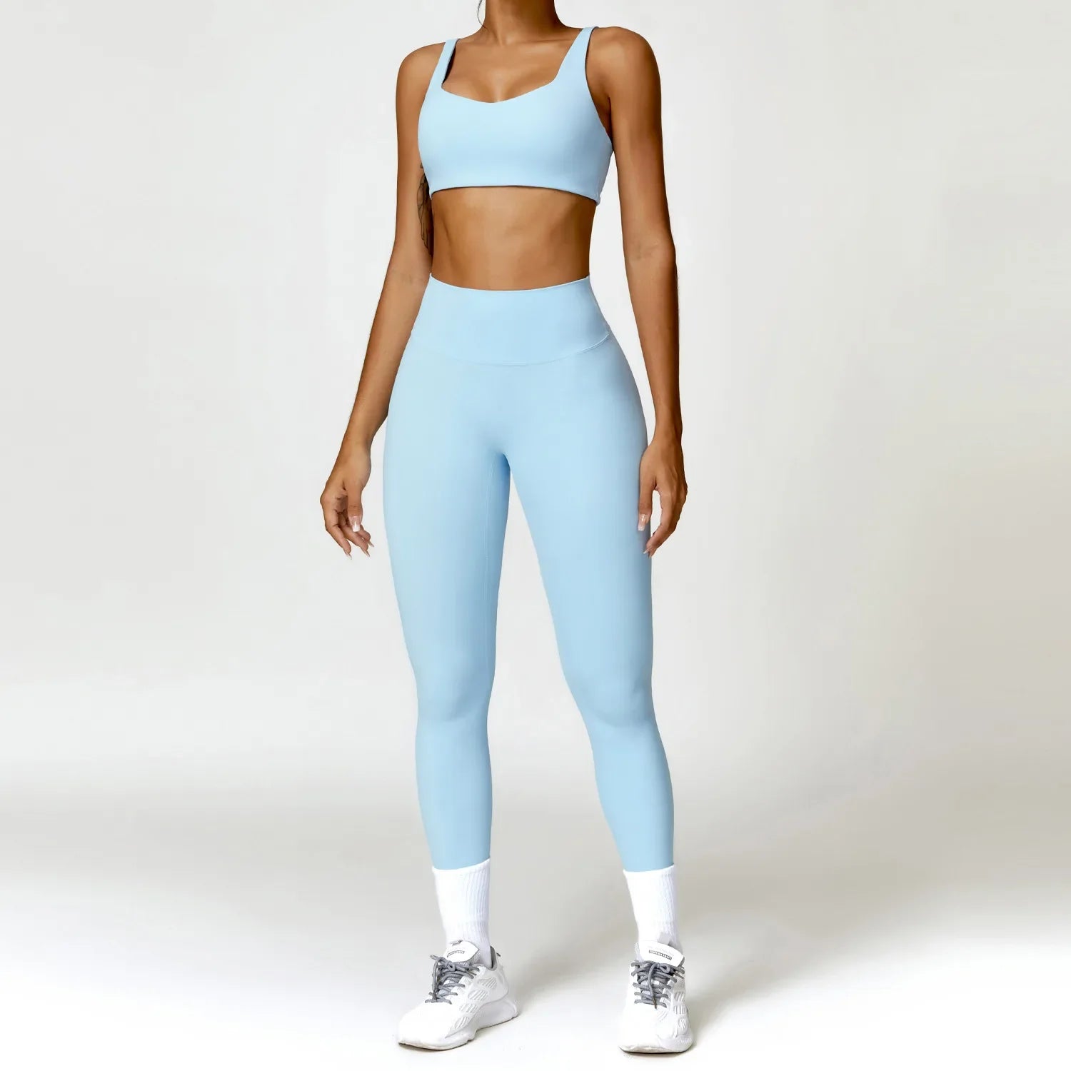 Women Tracksuit Yoga Set 2PCS Sportswear Workout Clothes Athletic Wear Gym Legging Fitness Bra Crop Top Long Sleeve Sports Suits Sky Blue Set-2