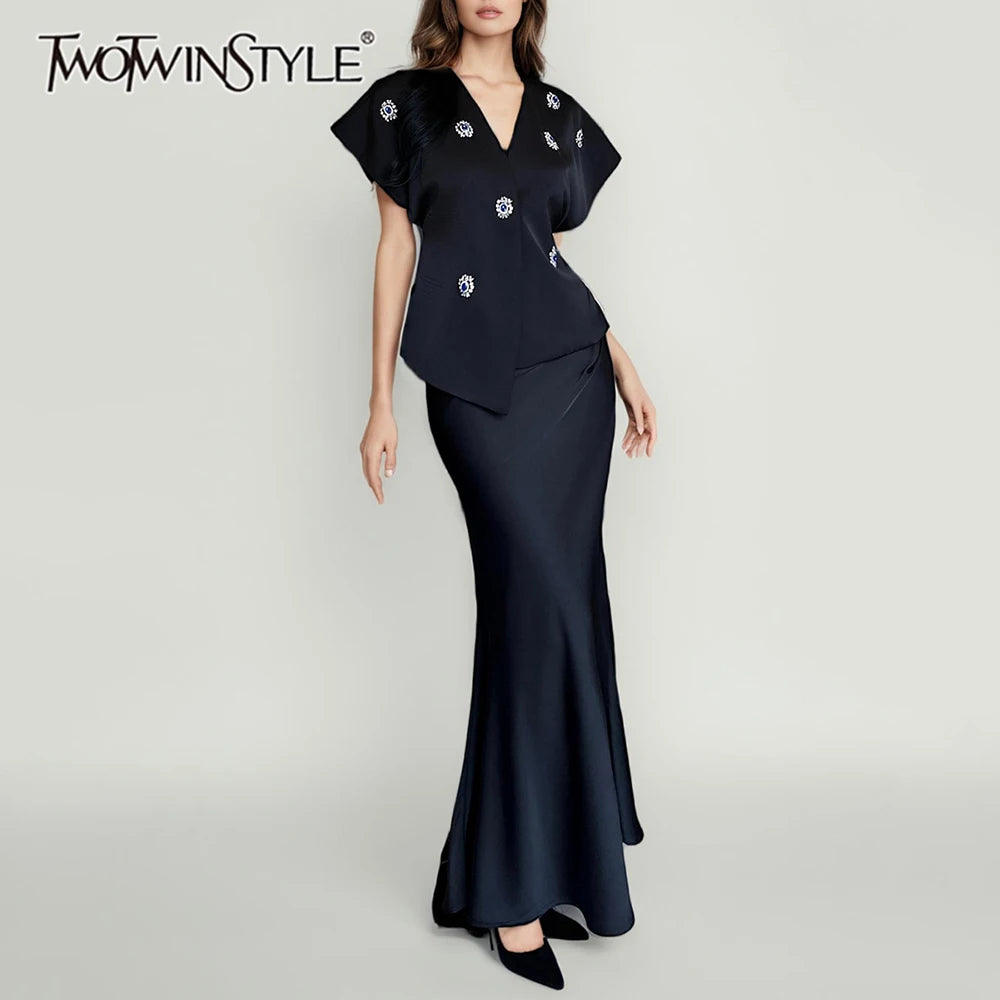 Slimming Elegant Two Piece Sets for Women V Neck Short Sleeves Patchwork Bead Top High Waist Long Skirt Set Female