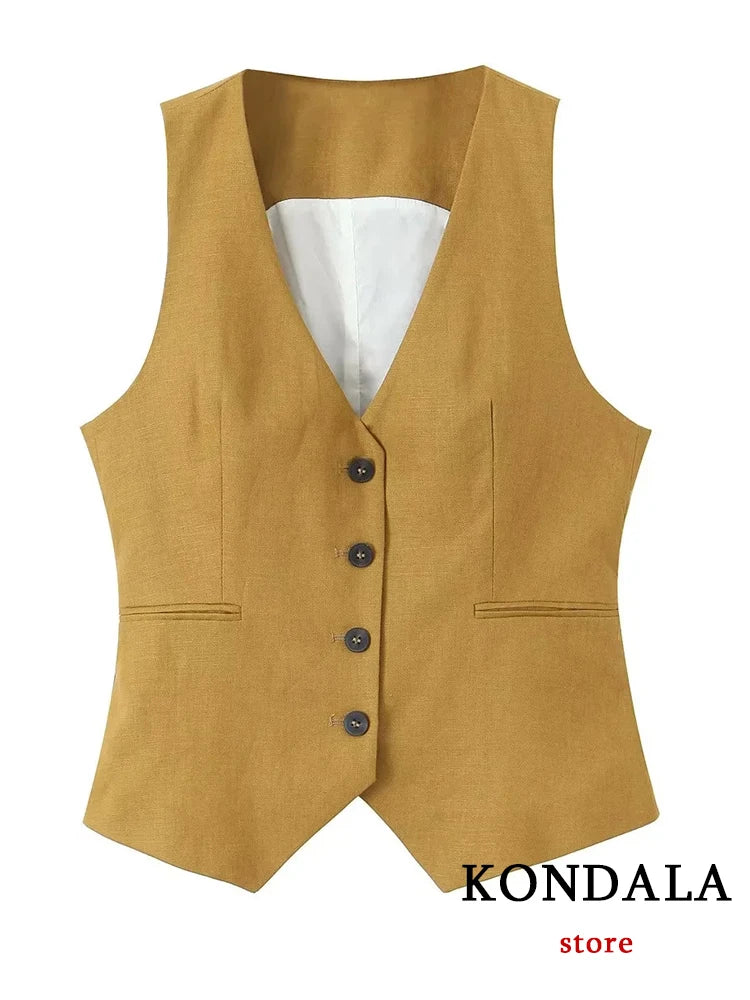KONDALA Office Lady Linen Brown Suits Women V Neck Single Buttons Vest Blazer+High Waist Wide Leg Pants Fashion Summer Sets Vest
