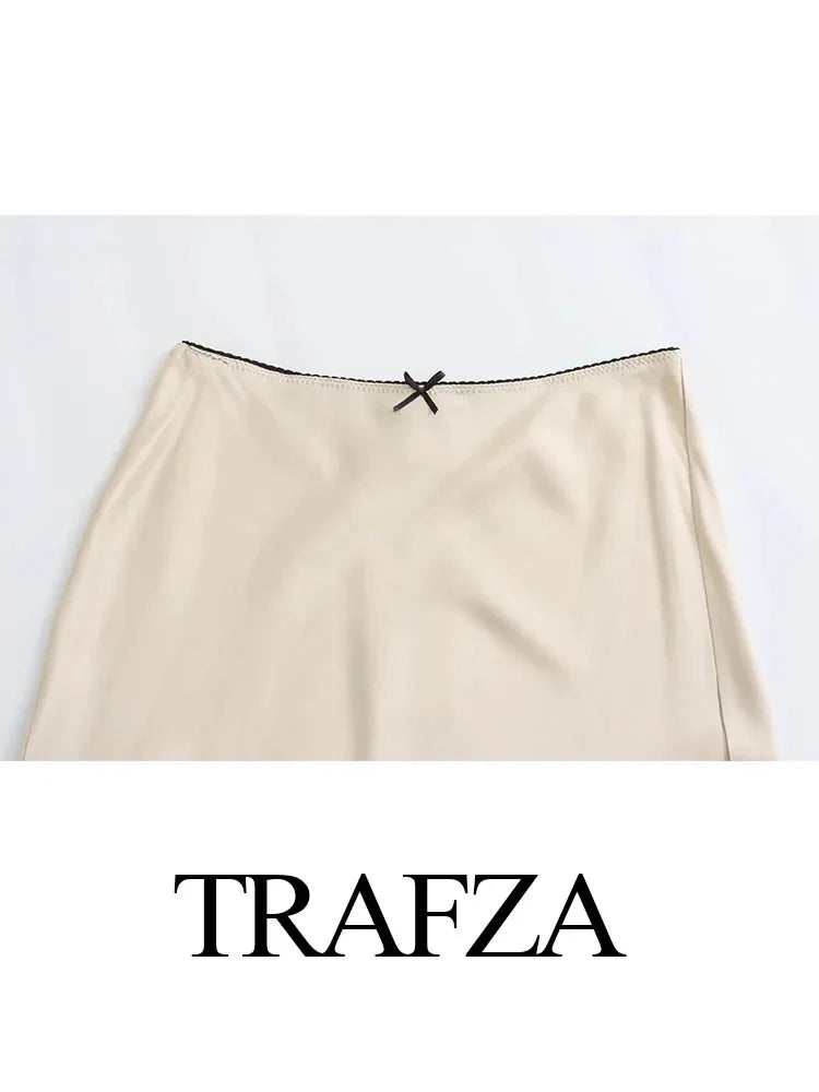 TRAFZA Satin Midi Skirt Woman High Waist Long Skirts For Women New Fashion 2023 Autumn Casual Elegant Party Women's Skirts
