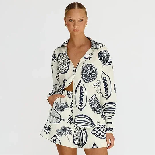 Foridol Fruit Printed Pockets Casual Shirt+shorts Set Outfits Matching Set Summer Women Spring Beach Oversize White Set WHITE