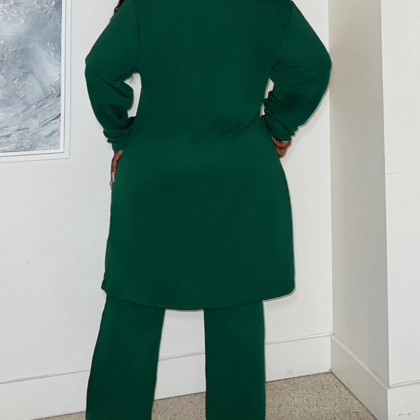 LW Plus Size Two pieces sets High Waist Drawstring Pants Set Autumn long sleeve solid long coat Top + loose trousers casual suit