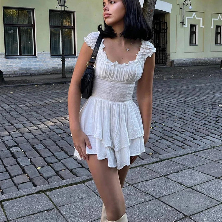 Short Sleeve White Dress Women‘s Summer Dress Fashion Ruffle Mini Dress Sexy Strapless Dress