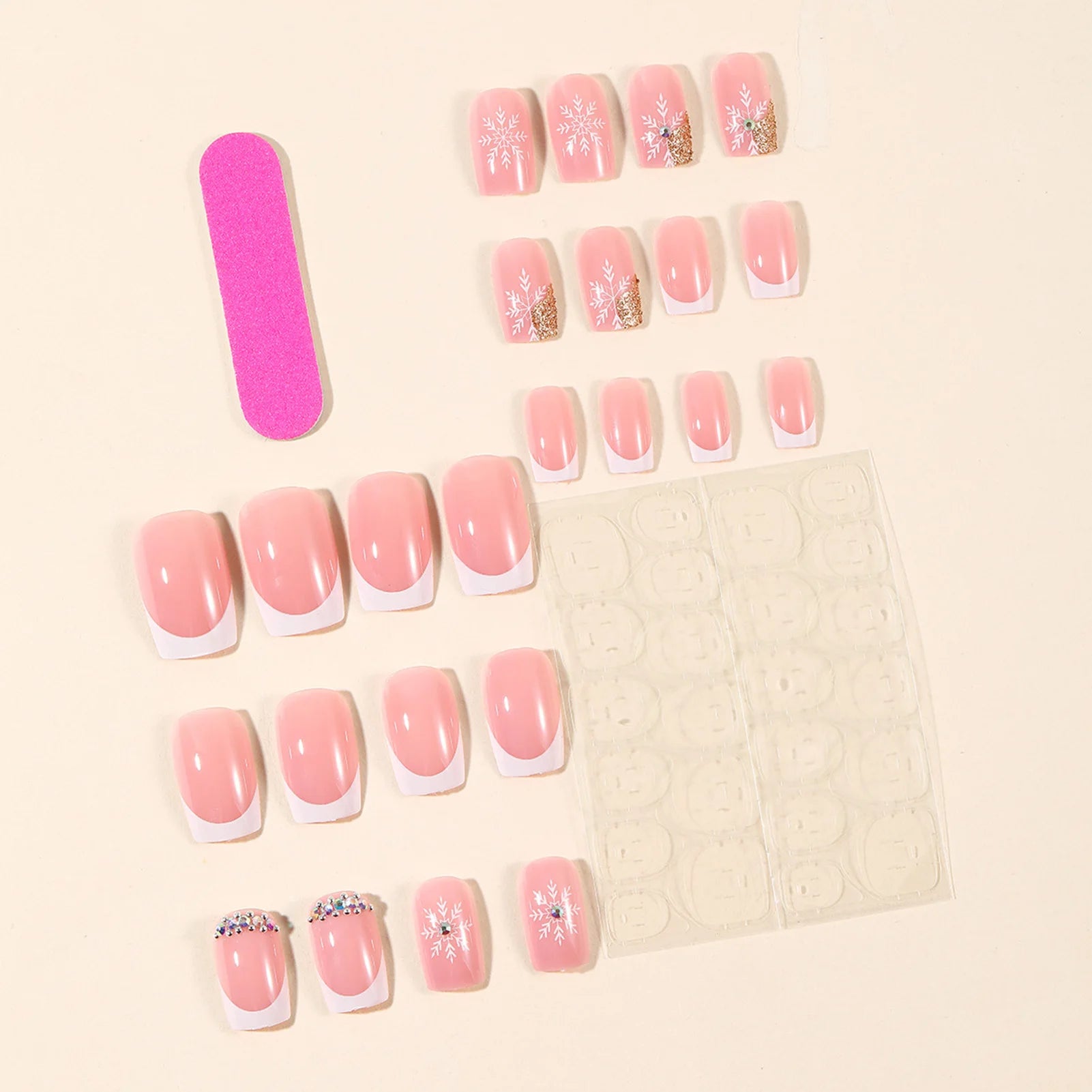 Nude Pink Fake Nails 24Pcs White French Press On Nails Snowflake Printed Women Girls Christmas Party Wearable False Nails Art