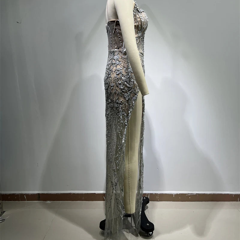 Luxury Diamonds Beading Sexy High Slit V-Neck Strapless Ankle Length Dress Goddess Dress Celebrity Evening Party Outfit