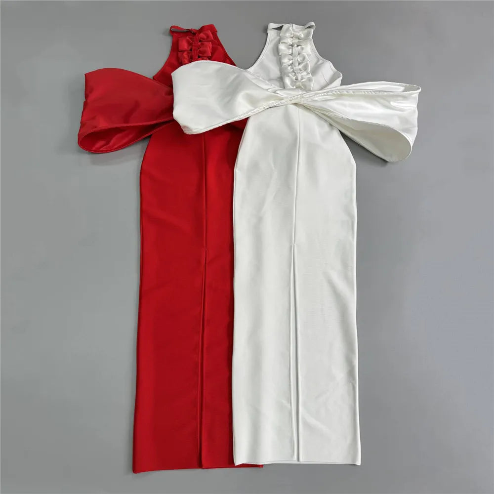 White Red Color Women Sexy Off the Shoulder Big Bow Bodycon Long Bandage Dress Celebrate Fashion Evening Party Cocktail Dress