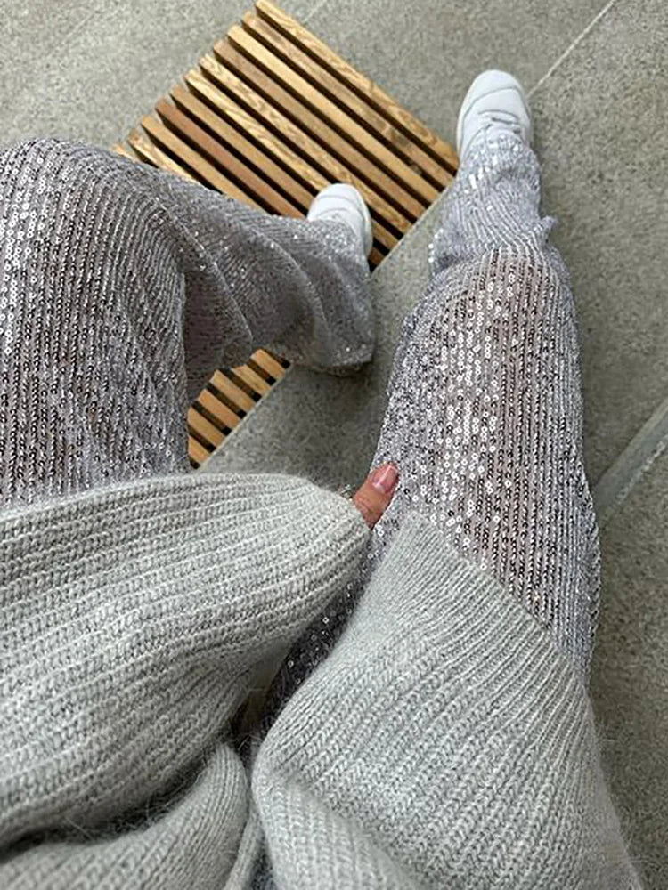 Elastic Waist Patchwork Sequined Trousers Women Loose Fit Streetwear Long Pants Chic Lady Spring Summer Straight Pants New