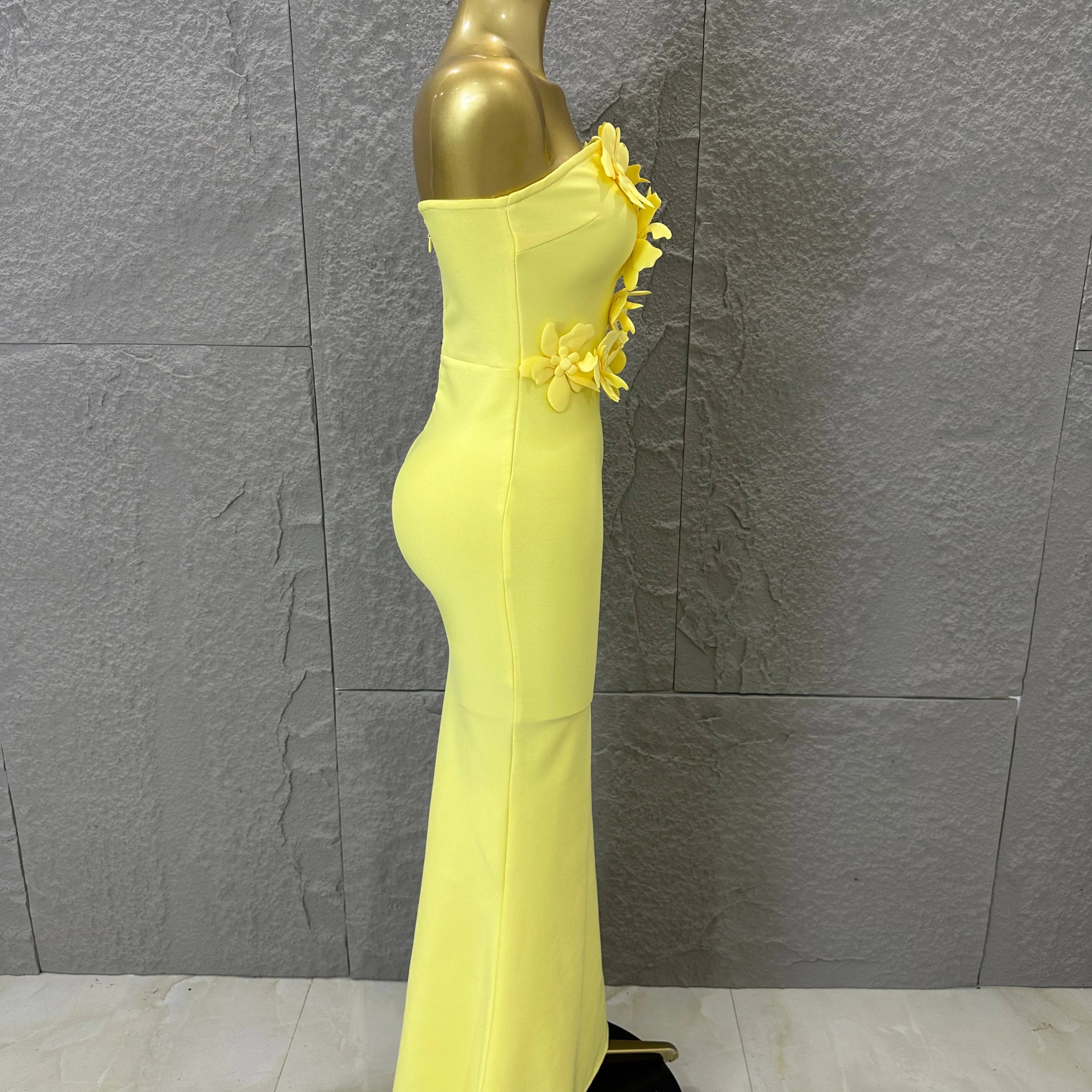 Elegant Yellow Strapless Sweetheart Neck Mermaid Dress 3D Flower Fitted Flare Hem Evening Birthday Gala Banquet Party Outfit