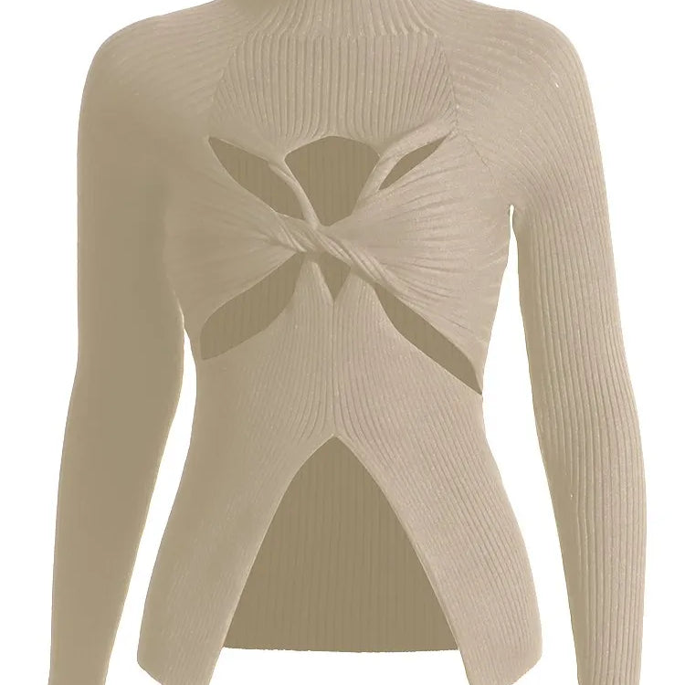 Slimming Crisscross Hollow Out Knitting Sweaters For Women Round Neck Long Sleeve Solid Casual Chic Sweater Female KHAKI