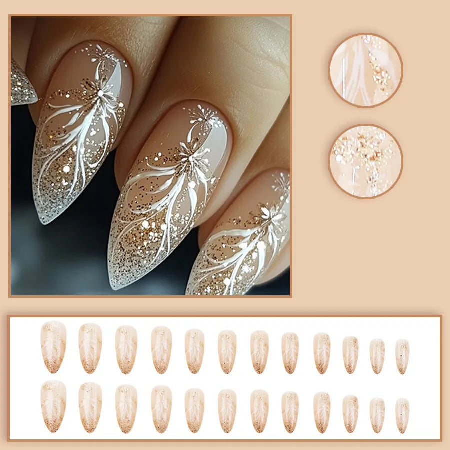 24pcs/set Short Medium fake nails for women girls gradient shiny glitters heart french Square almond tips Press on false nail 2350