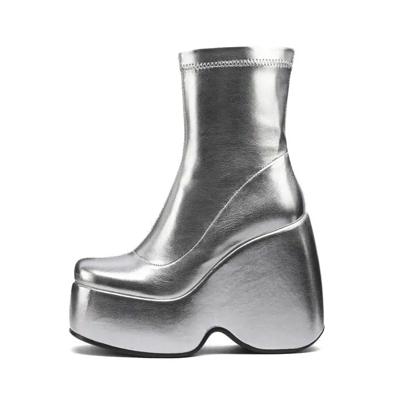 Brand Ladies Platform Boots Fashion Thick High Heels Women's Bootie Party Sexy Block Heel Shoes 44 Silver