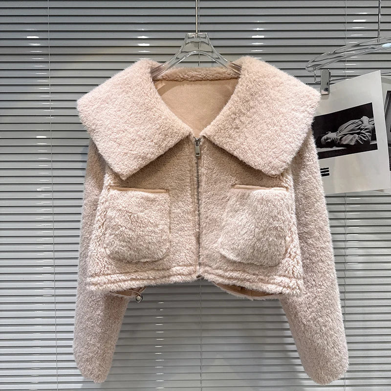Winter New Sweet Temperament Fur Sailor Collar Fleece Short Coat For Women Versatile Zipper Warm Jacket 11A07855 Pink One Size