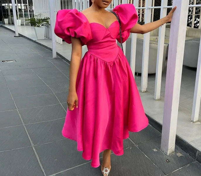 Party Dresses for Women Fashion Casual Square Neck Bubble Sleeves Solid Waist Closing Mid Length Slim Fit Sexy Girl Dress