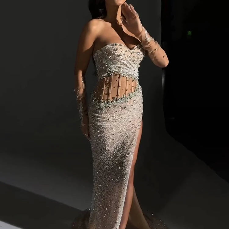 Beige Sequins Strapless Long Dress Backless See Through Mesh Crystal High Slit Celebrity Party Evening Gowns With Gloves