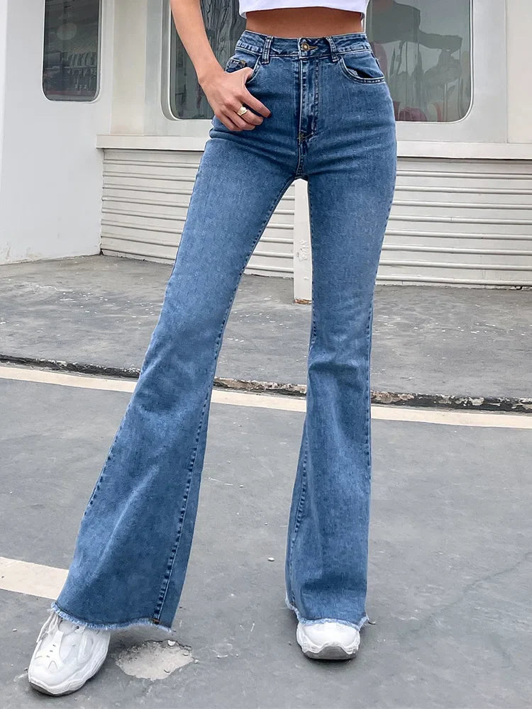 Benuynffy Button Fly Women's Raw Hem Flare Jeans Autumn Fashion Woman Denim Pants Jean Femme High Waist Full Length Slim Jeans Blue