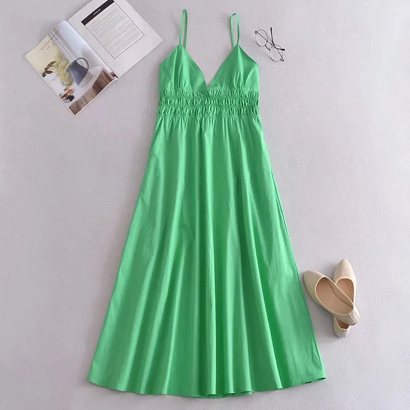 Foridol Elastic Smocking Green Cotton V Neck Summer Women's Dress Sleevless Long Green Maxi Casual Strapy Dress Solid Female Green