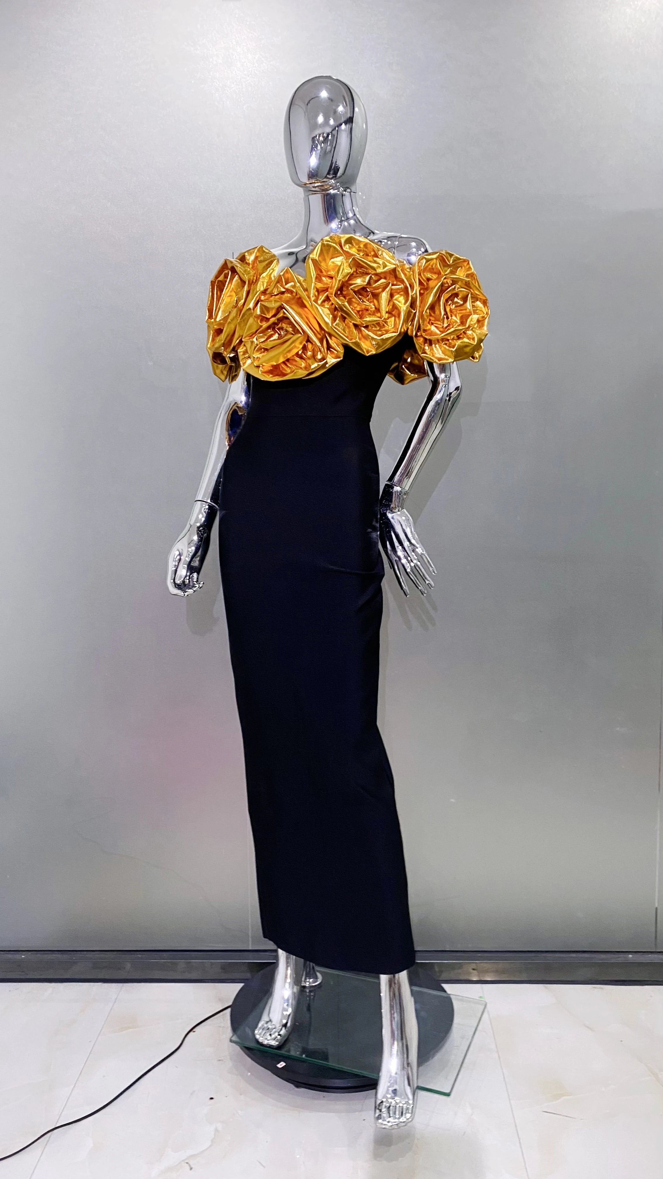 Stereoscopic Gloden Flowers Sexy Off The Shoulder Ankle Lenght Bandage Dress Woman Birthday Party Vestido Wedding Party Outfit