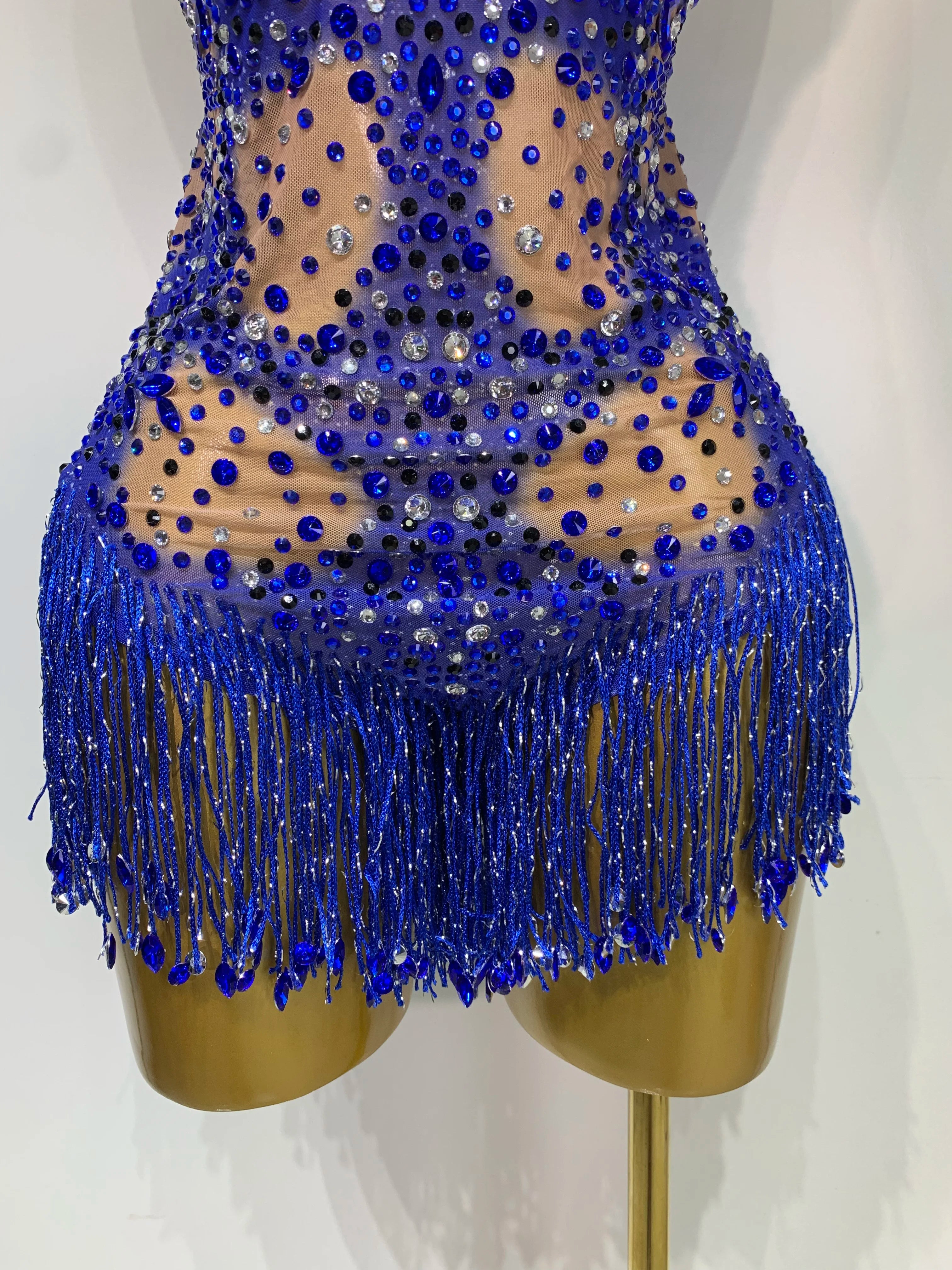 Women Sexy Backless blue Rhinestone Tassel Bodysuit Evening Party Club Singer Stage Performance Costume Luxury Birthday Dress