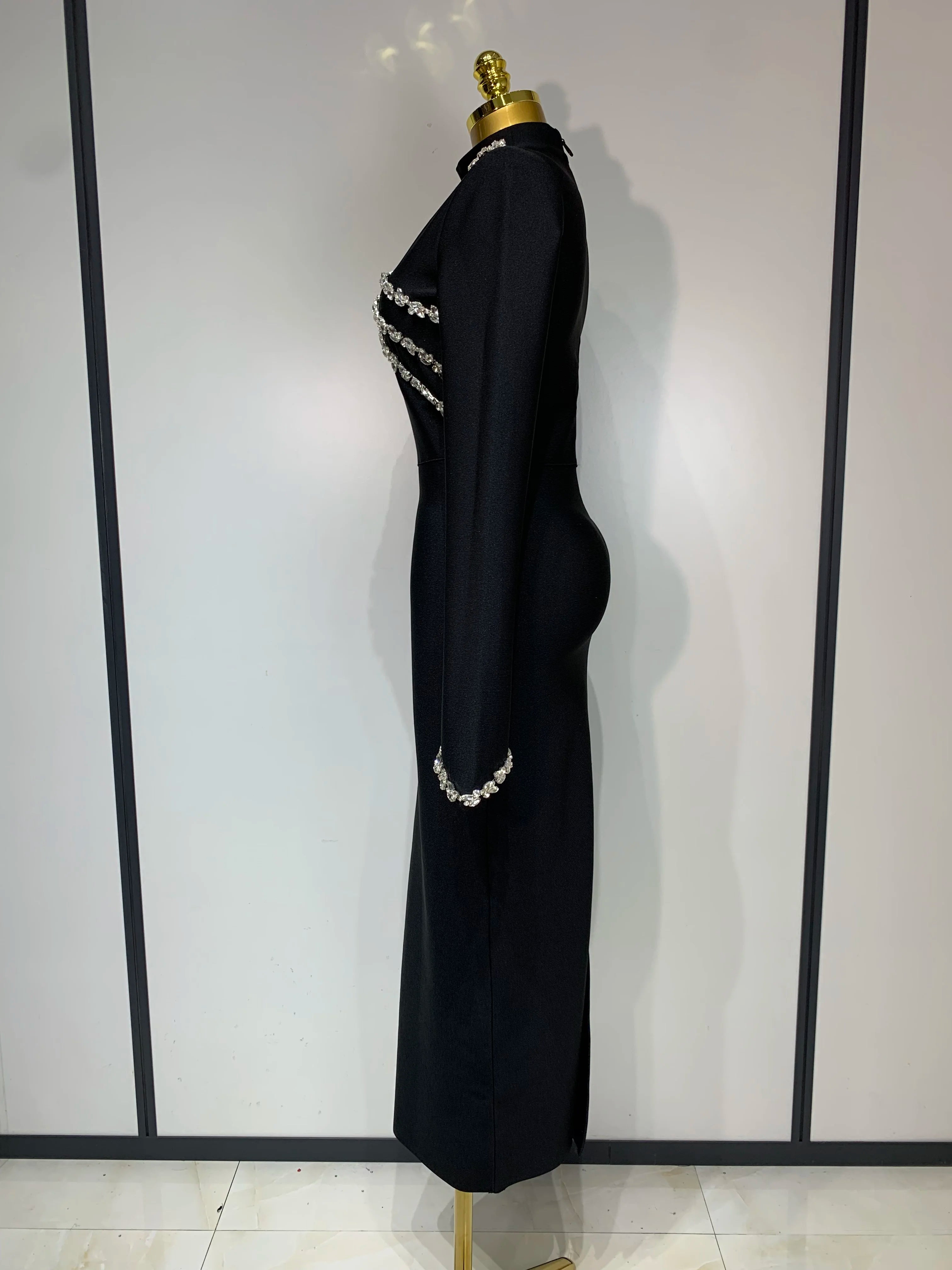 Women Long Sleeve Shinning Crystal Bodycon Long Bandage Dress Celebirty Elegant Evening Party Luxury Birthday Dress