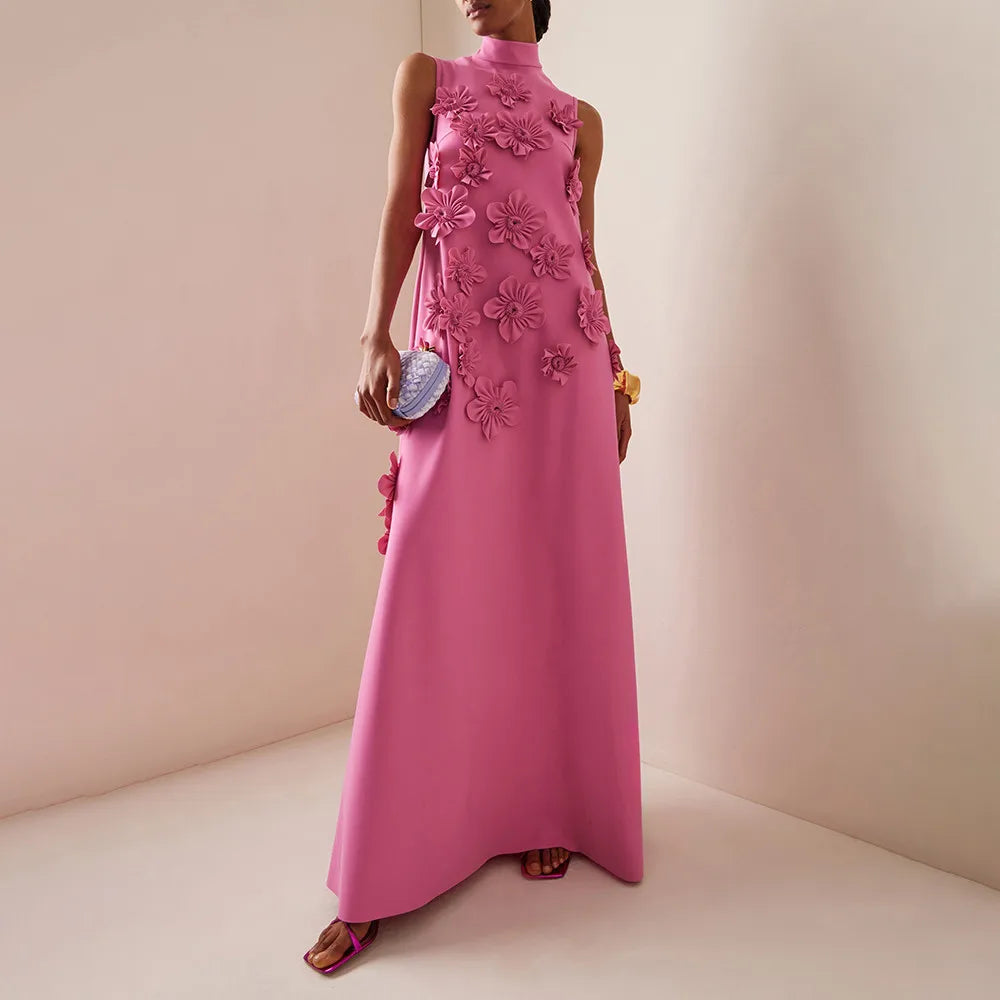 Patchwork Lace Up A Line Dress For Women Stand Collar Sleeveless High Waist Spliced Appliques Slim Dresses Female Pink