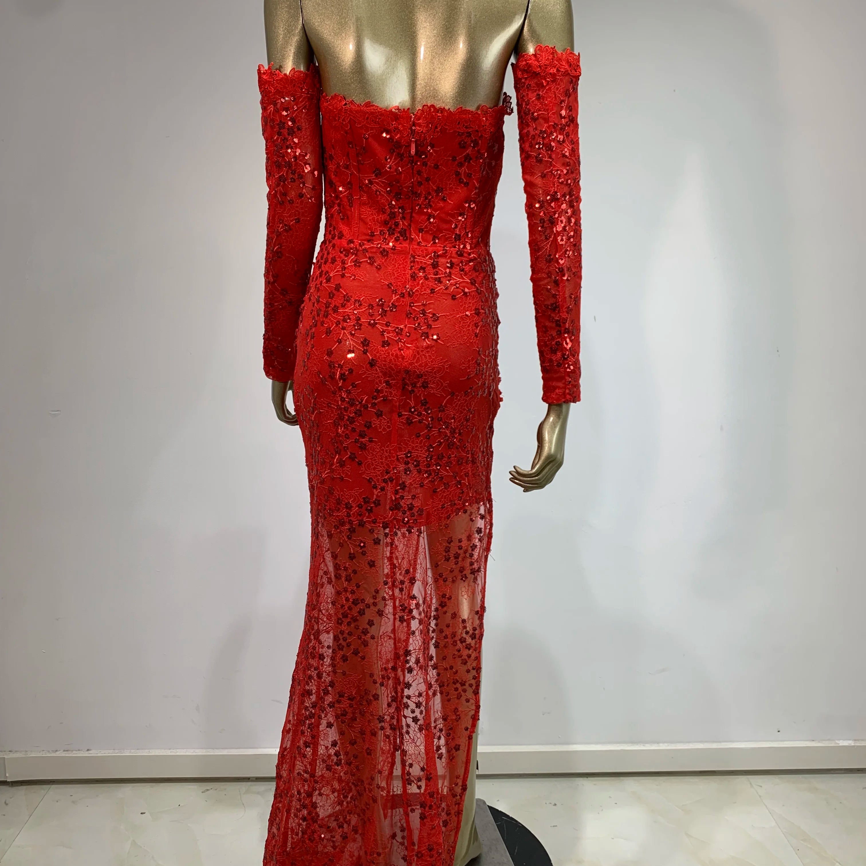 New Women Summer Sexy Off Shoulder Lace Sequins Red Maxi Long Bodycon Dress 2024 Elegant Evening Party Club Dress Vestido