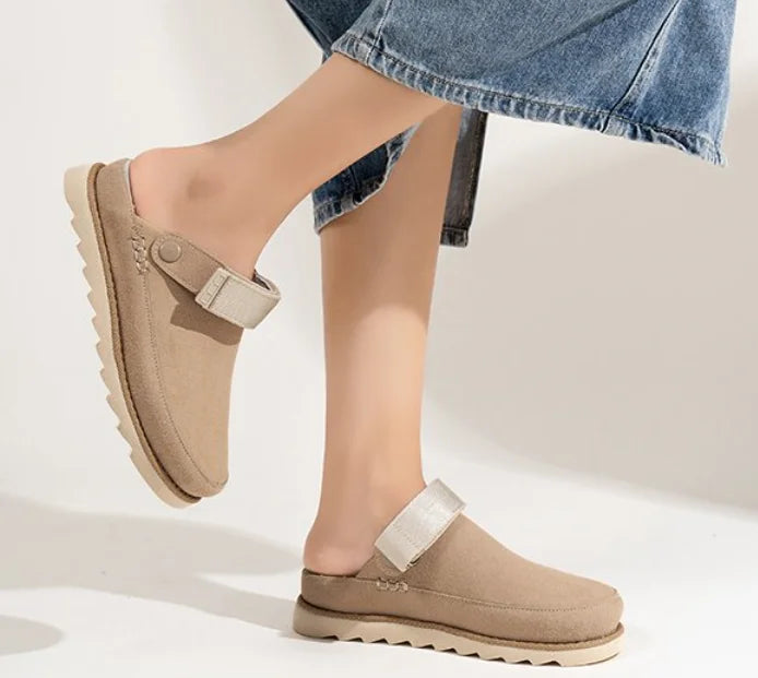 Fashion New Women's Suede Mules Slippers Women Clogs Cork Insole Sandals with Arch Support Outdoor Beach Slides Home Shoes Beige
