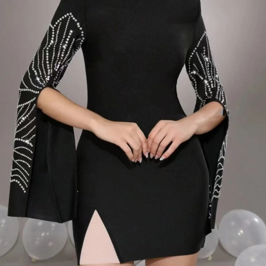 Solid Slimming Temperament Dresses for Women Round Neck Long Sleeves Patchwork Diamonds Dress Female Clothing New