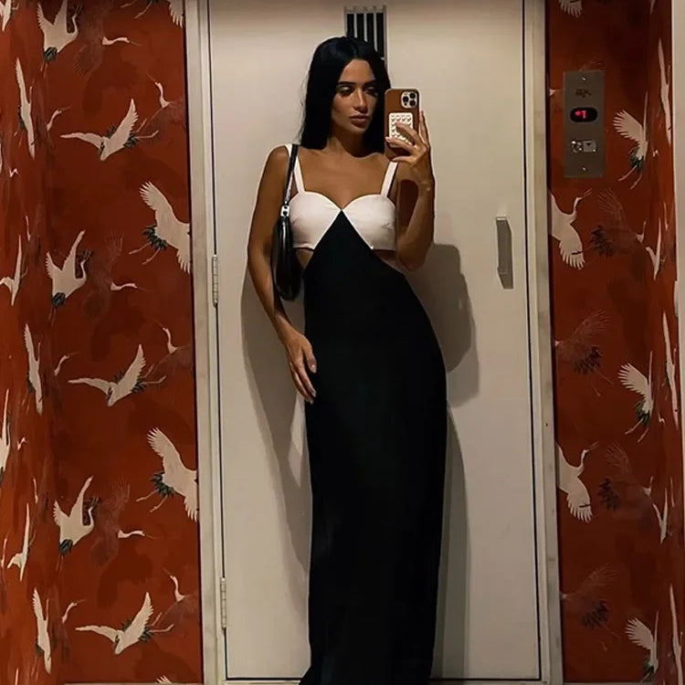 Elegant Lady Contrast Hollow Out Slim Long Dress Fashion Sleeveless Bodycon Maxi Robes Summer 2025 Party Vacation Women Dresses