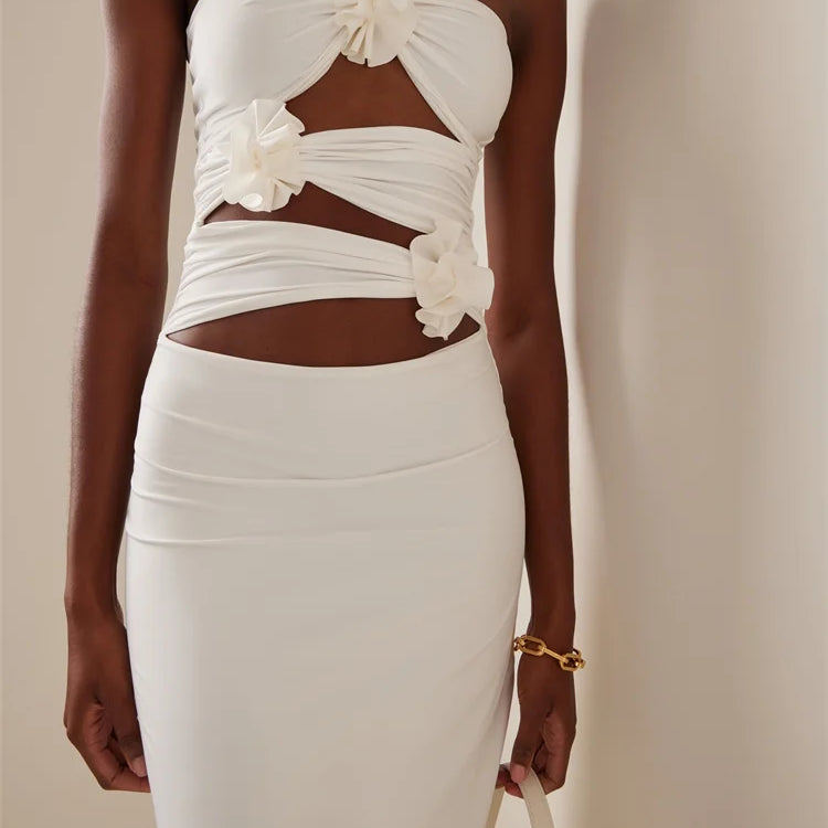 Women Sexy Halter Hollow Out 3D Flowers Long Dress Y2K Summer Off Shoulder Backless Bodycon Elegant Dresses Night Party Clubwear