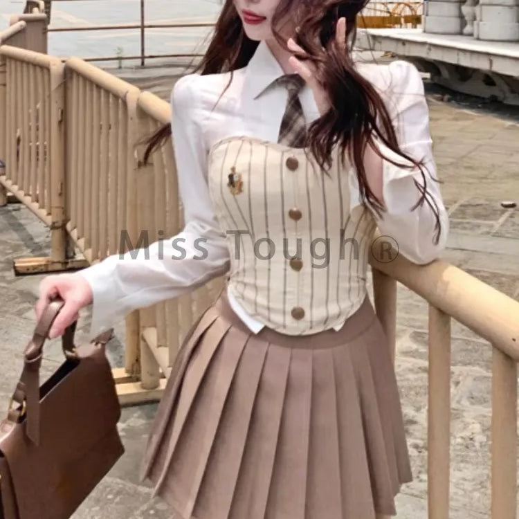 Sweet Elegant 3 Piece Set Women Korean Fashion Party Mini Skirt Set Female Vintage Designer Pleated Skirt Suit 2024 Autumn New