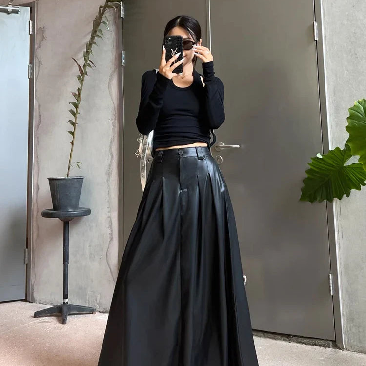 Spring Autumn Luxury Long Pleated Black Soft Pu Leather Maxi Skirt Women High Elastic Waist Korean Style Clothes 2023 Black