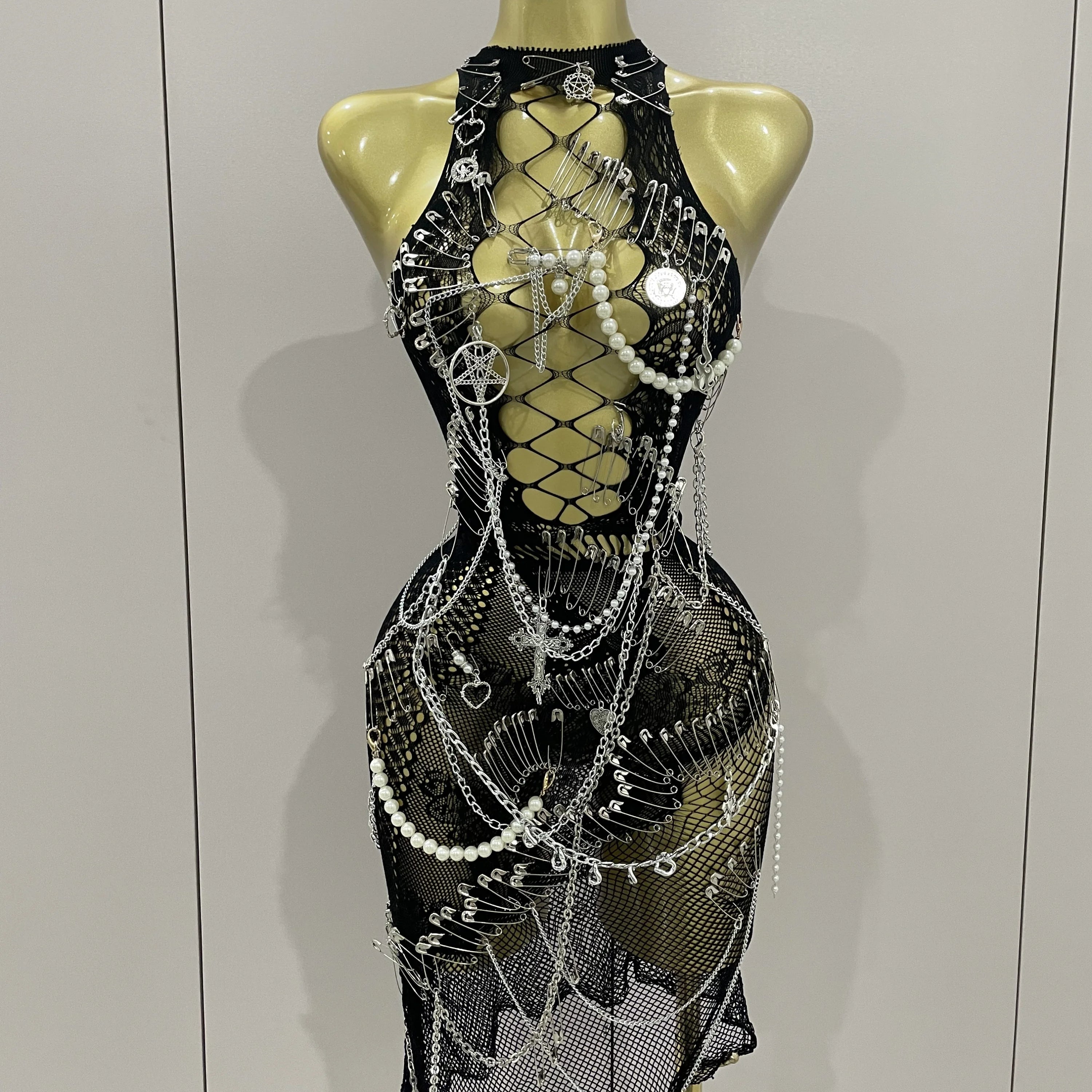 Sexy Black See-Through Pin Decoration Chain Beading Short Dress 2025 Women Birthday Evening Party Nightclub Performance Costume black