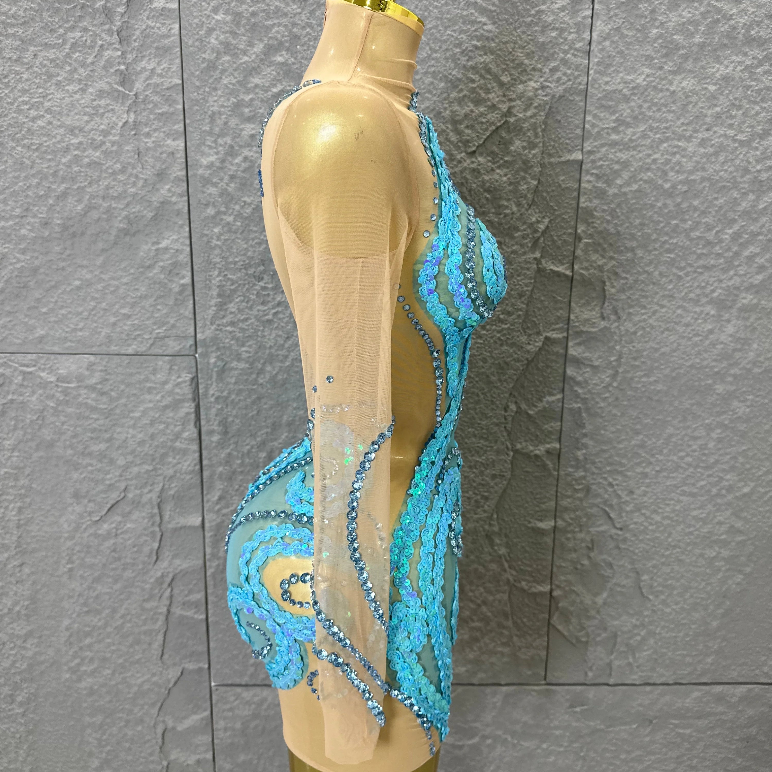 Luxury Sheer Mesh Bodycon Gown Cocktail Party Red Carpet Performance Outfit Elegant Blue Crystal Embellished Mini Dress Women