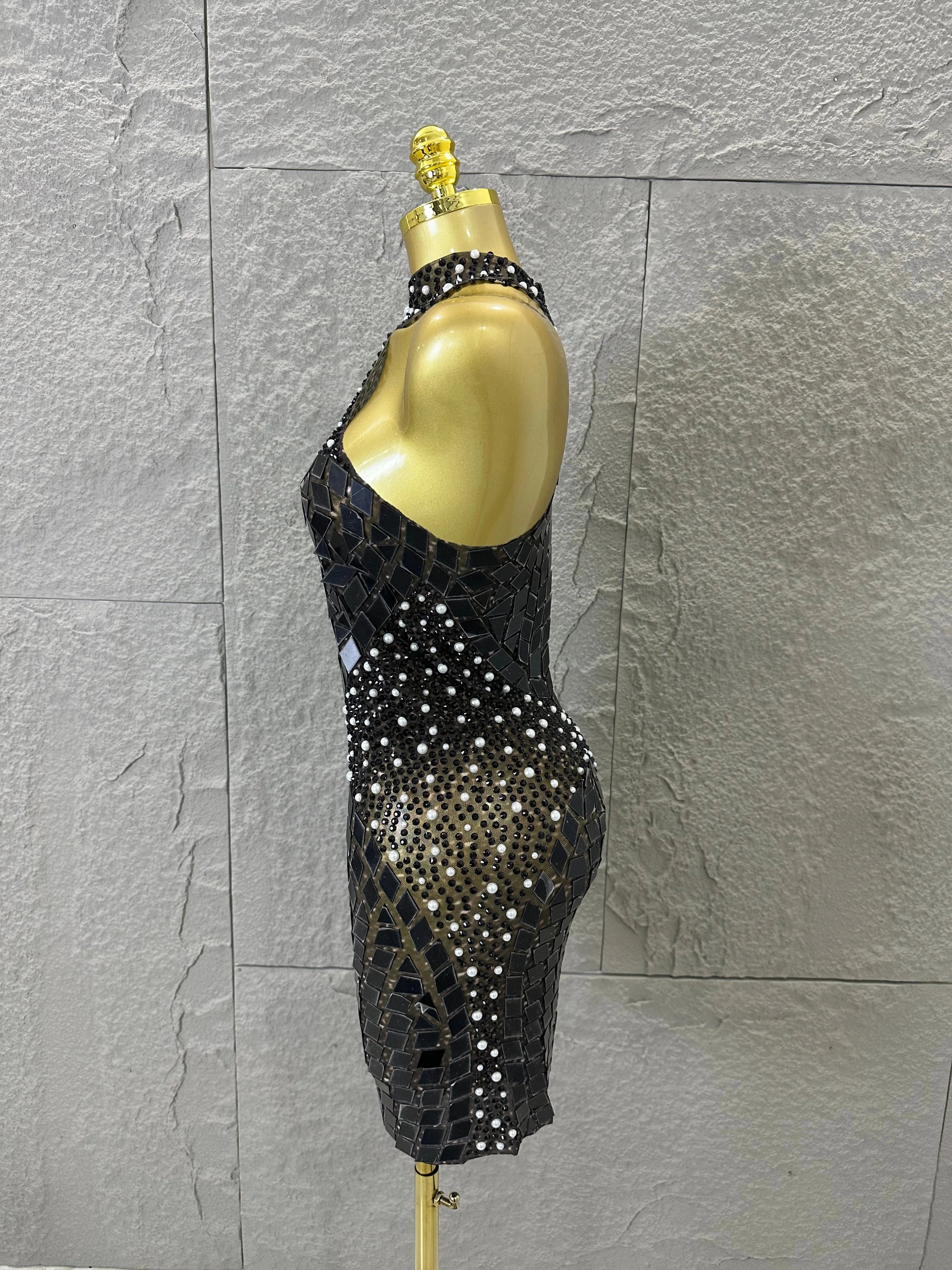 Luxury Gold Halter Neck Mini Dress Diamond Mirror Pearl Beaded Bodycon Nightclub Party Clubwear Outfit