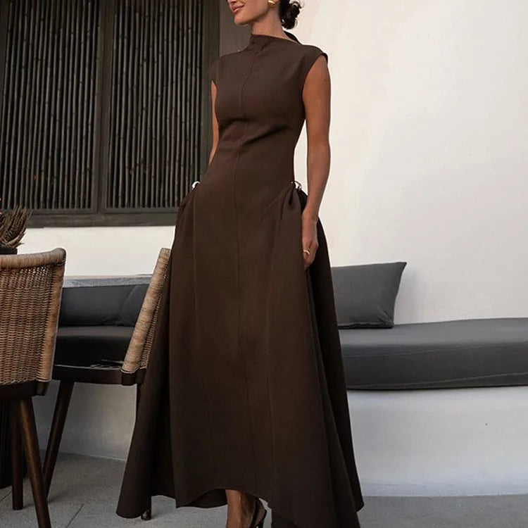 Elegant High Collar A-line Maxi Dress For Women Fashion Solid Pleated Slim Long Dresses 2024 New Lady Evening Party Prom Gowns Brown