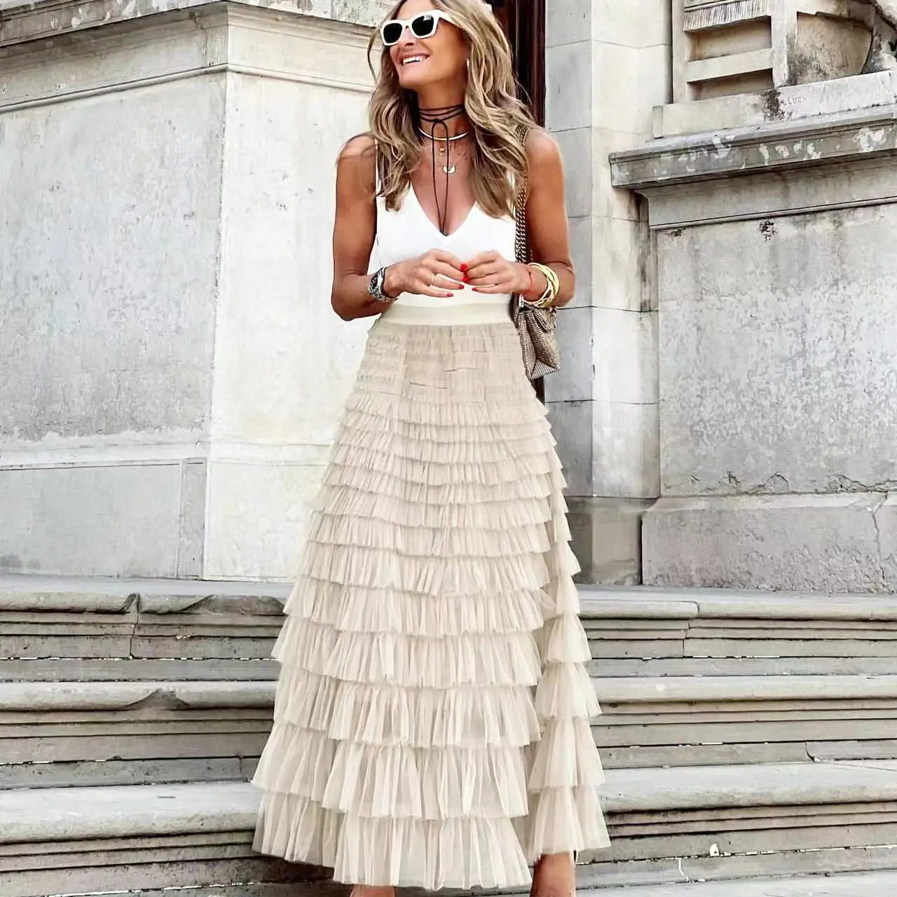 New Casual Womens Solid Ball Gown Long Skirt Tulle High Waist Pleated Elegant Ladies Wild Mesh Dating Maxi Skirts Drop Apricot LYQ258