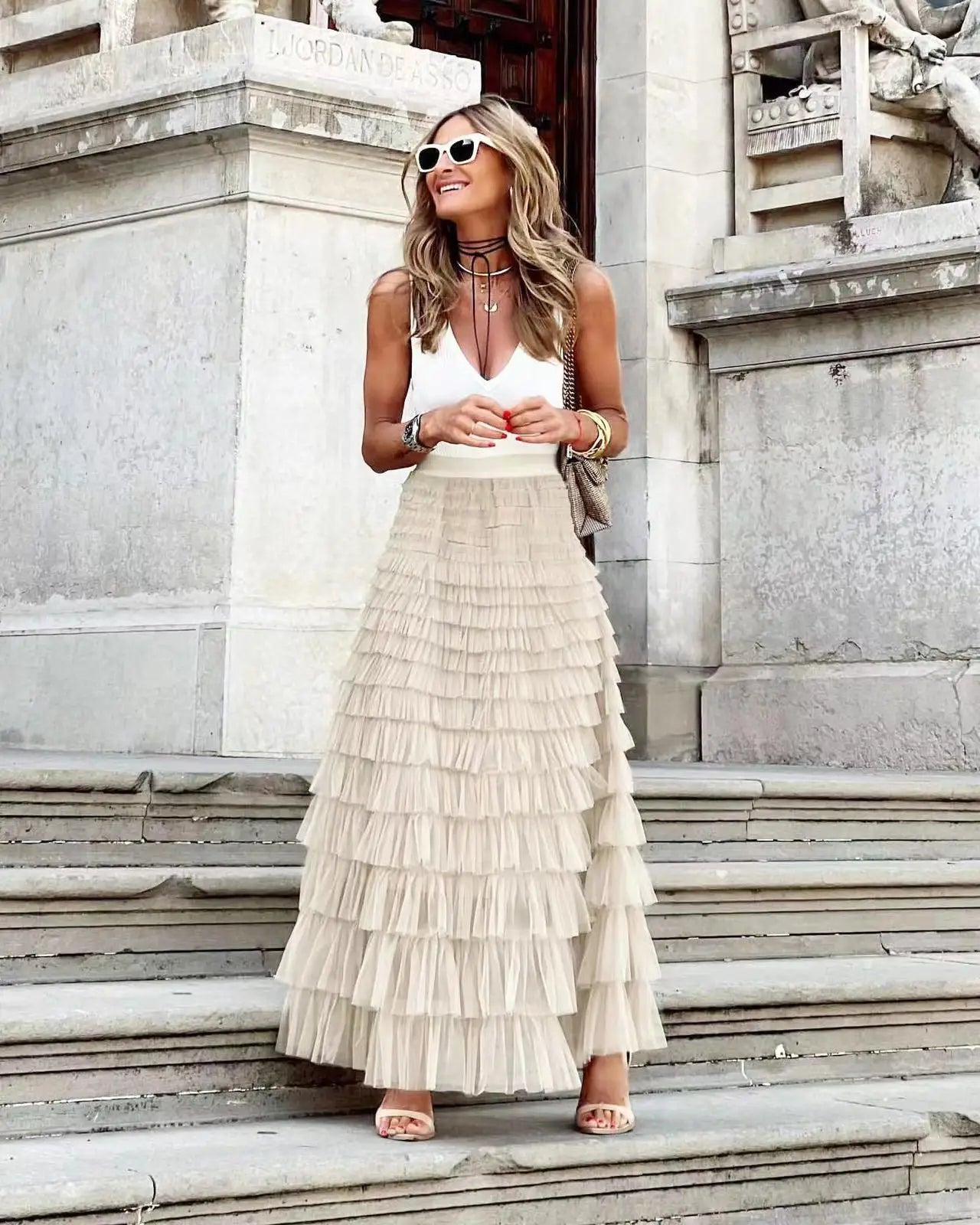 New Casual Womens Solid Ball Gown Long Skirt Tulle High Waist Pleated Elegant Ladies Wild Mesh Dating Maxi Skirts Drop Apricot LYQ258