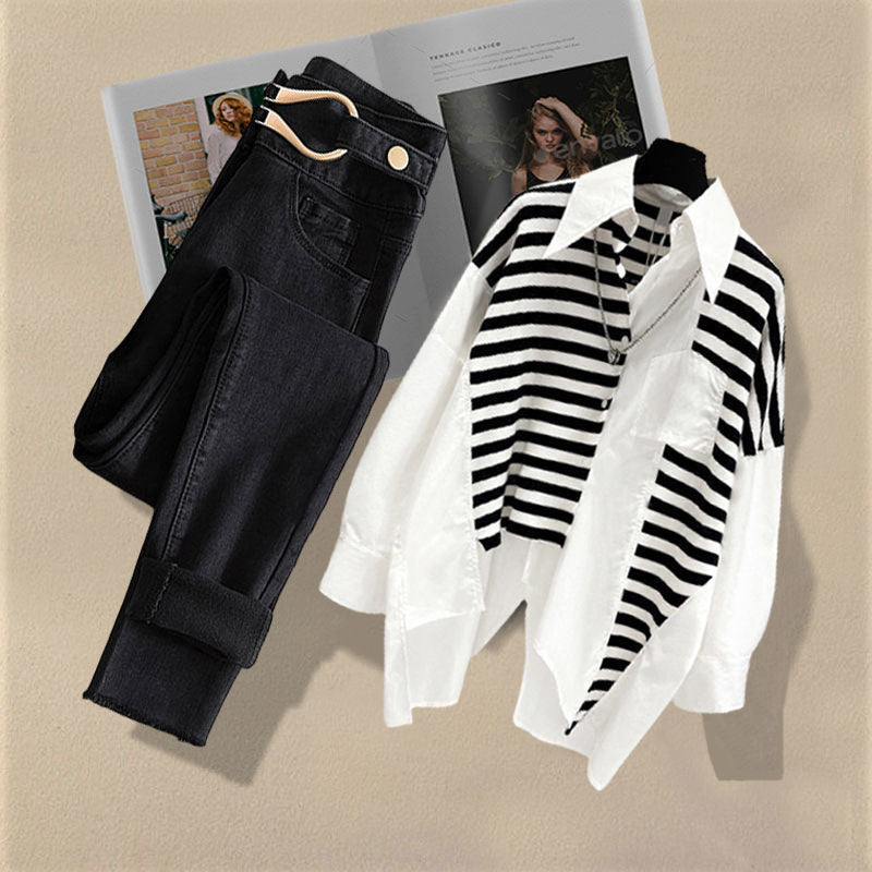 Spring and Autumn Set Women's New Dress Western Shirt Top Versatile Jeans Two Piece Y2k Clothes Women's Pants