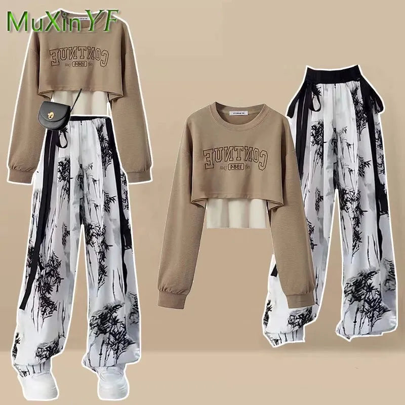 Mulheres Outono Tracksuit Suit Coreano Elegante Casual Curta Manga Longa Camisola + Vest + Spoort Calças 3 Peça 2023 Novo Conjunto de Combinação