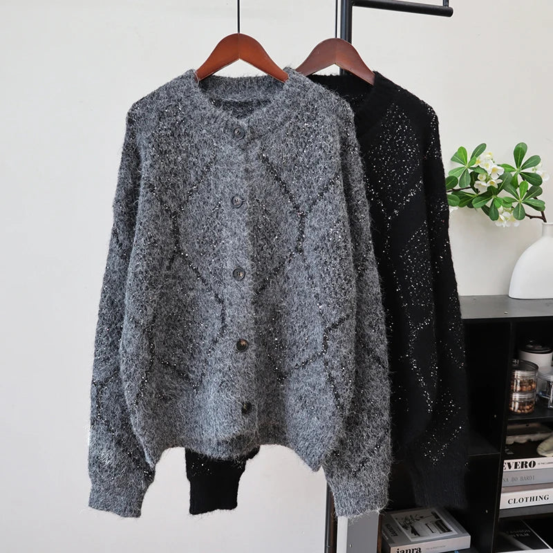 Autumn Winter New Sequin Design Round Neck Knitted Cardigan For Women Loose Casual Sweater Coat Female 11A07625 Gray One Size